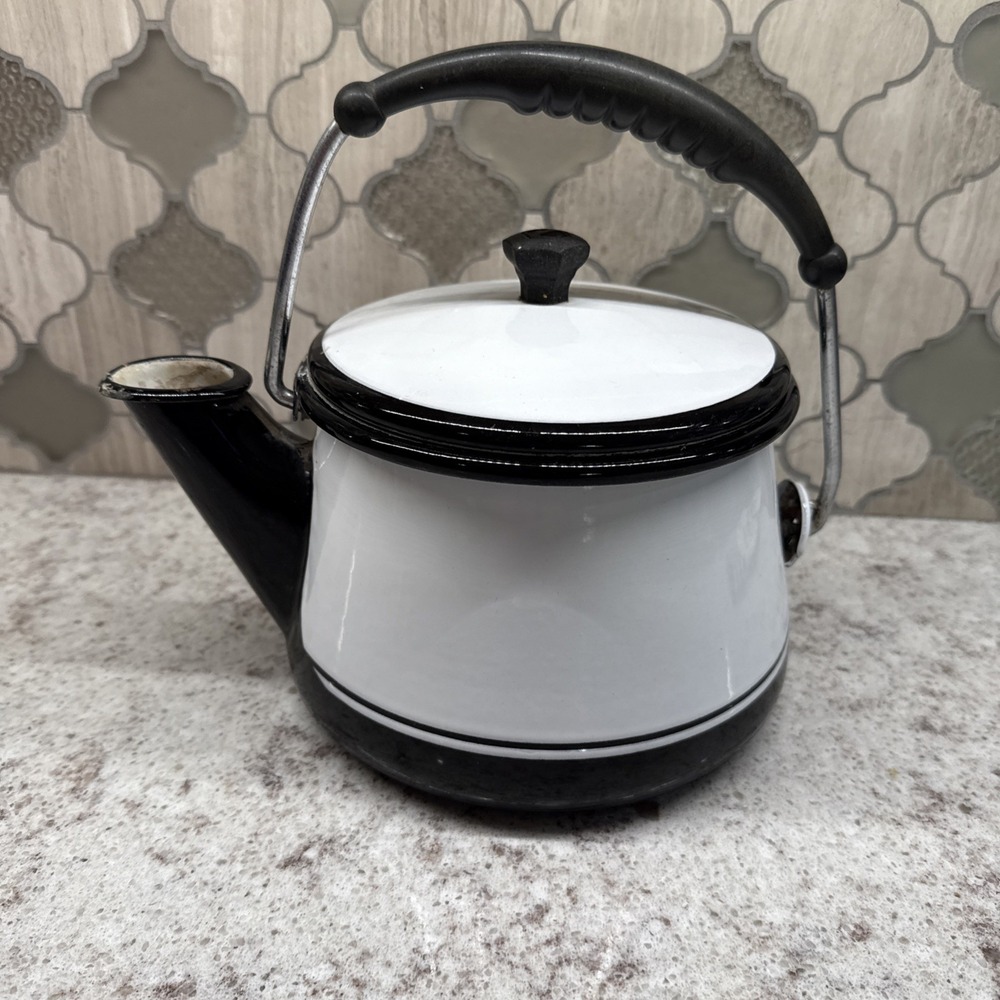 Vintage White Enamelware Tea Kettle Teapot/ Black‎ Trim Cottage Farmhouse